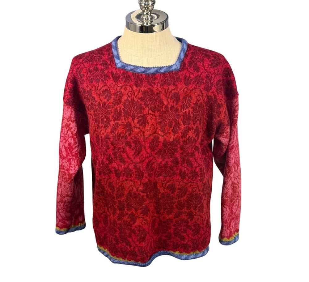 Oleana The Norwegian Story Sweater Red Floral Knit Wool 100% Square Nordic XL